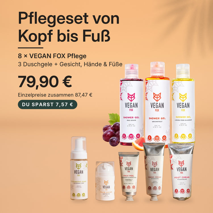 Pflegeset von Kopf bis Fuß: 8 VEGAN FOX Produkte – 3 Duschgele, Reinigungsschaum, Gesichtspeeling, Gesichtscreme, Handcreme und Fußcreme – 79,90 € statt 87,47 € einzeln