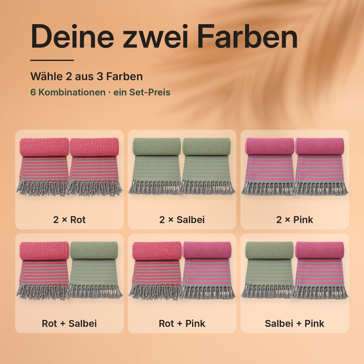 MAHINA-Duo Farbkombinationen: 2 aus 3 Farben wählen – 2 × Rot, 2 × Salbei, 2 × Pink, Rot + Salbei, Rot + Pink oder Salbei + Pink