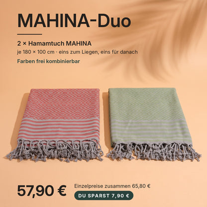 MAHINA-Duo: 2 Hamamtücher MAHINA (180 × 100 cm) in Rot und Salbei gefaltet, Farben frei kombinierbar – 57,90 €, Einzelpreise zusammen 65,80 €