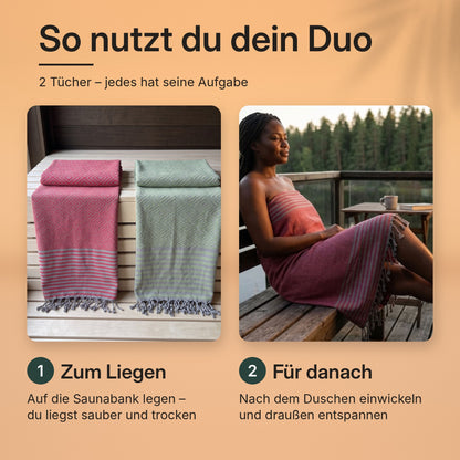 So nutzt du dein MAHINA-Duo: Tuch 1 zum Liegen auf der Saunabank, Tuch 2 für danach – nach dem Duschen einwickeln und entspannen