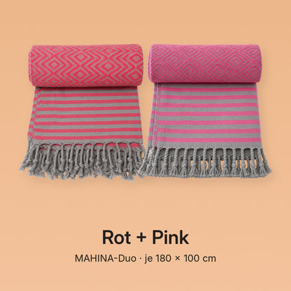 MAHINA-Duo Variante Rot + Pink: je ein Hamamtuch MAHINA in Rot und Pink