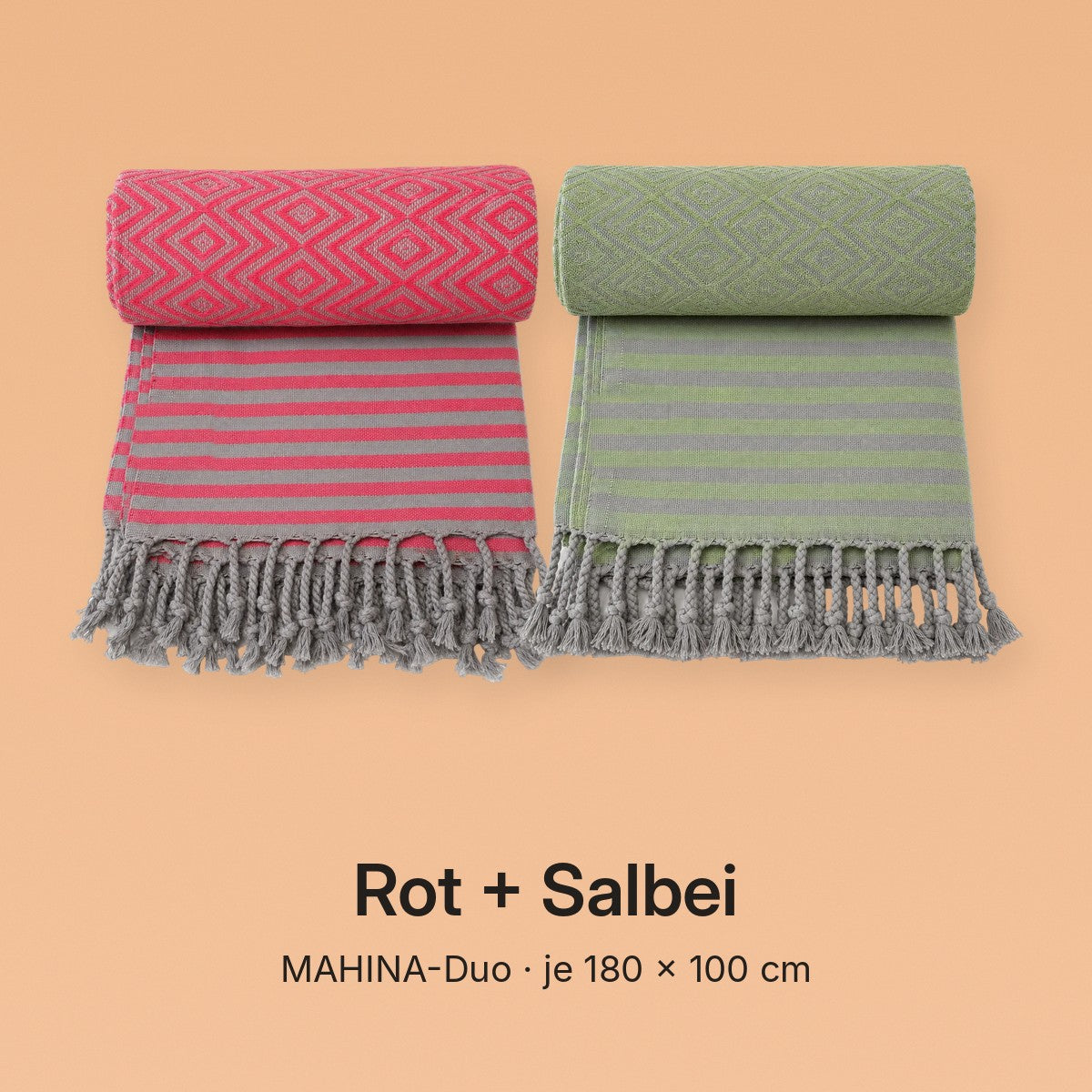 MAHINA-Duo Variante Rot + Salbei: je ein Hamamtuch MAHINA in Rot und Salbei