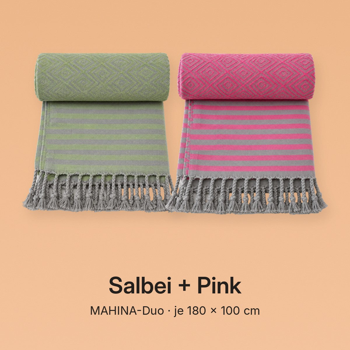 MAHINA-Duo Variante Salbei + Pink: je ein Hamamtuch MAHINA in Salbei und Pink