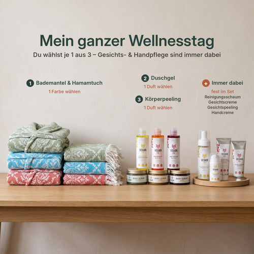 Mein ganzer Wellnesstag Set: Bademantel & Hamamtuch, Duschgel und Körperpeeling nach Wahl, dazu Gesichtspflege und Handcreme