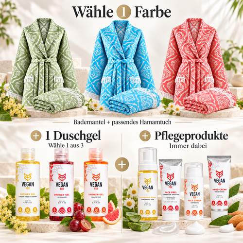 Mein ganzer Wellnesstag: Trimita Barok Bademantel mit passendem Hamamtuch in Grün, Blau oder Rot, VEGAN FOX Duschgel nach Wahl und vier Pflegeprodukte