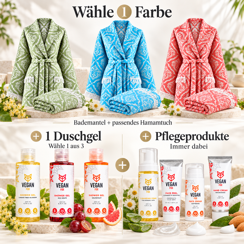 Mein ganzer Wellnesstag: Trimita Barok Bademantel mit passendem Hamamtuch in Grün, Blau oder Rot, VEGAN FOX Duschgel nach Wahl und vier Pflegeprodukte