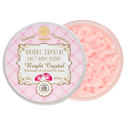 Salz-Körperpeeling Bright Crystal von Saules Fabrika, 300 g, geöffnete Dose mit rosa Peeling