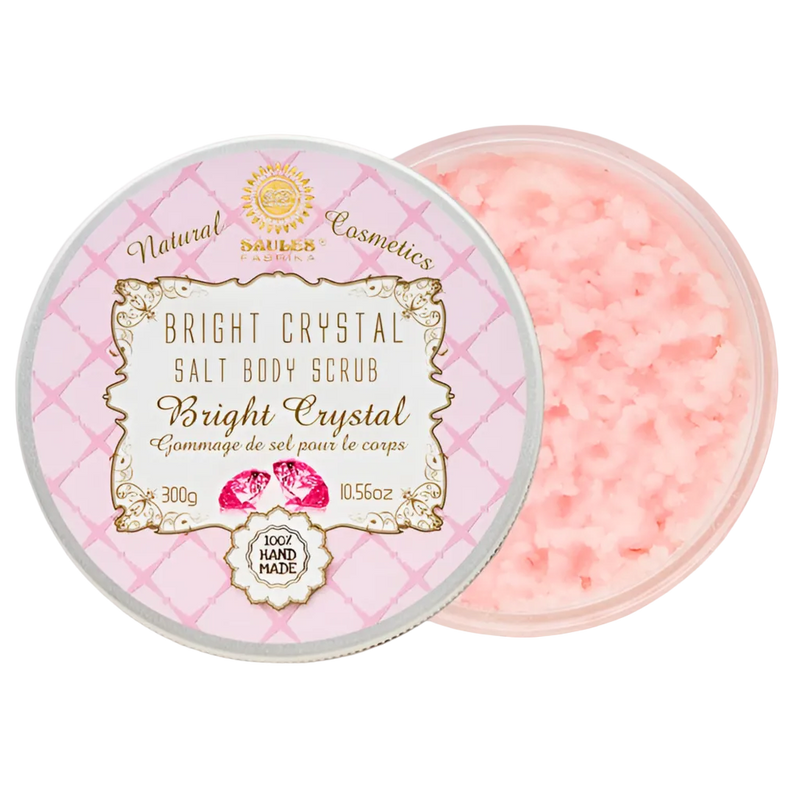 Salz-Körperpeeling Bright Crystal von Saules Fabrika, 300 g, geöffnete Dose mit rosa Peeling