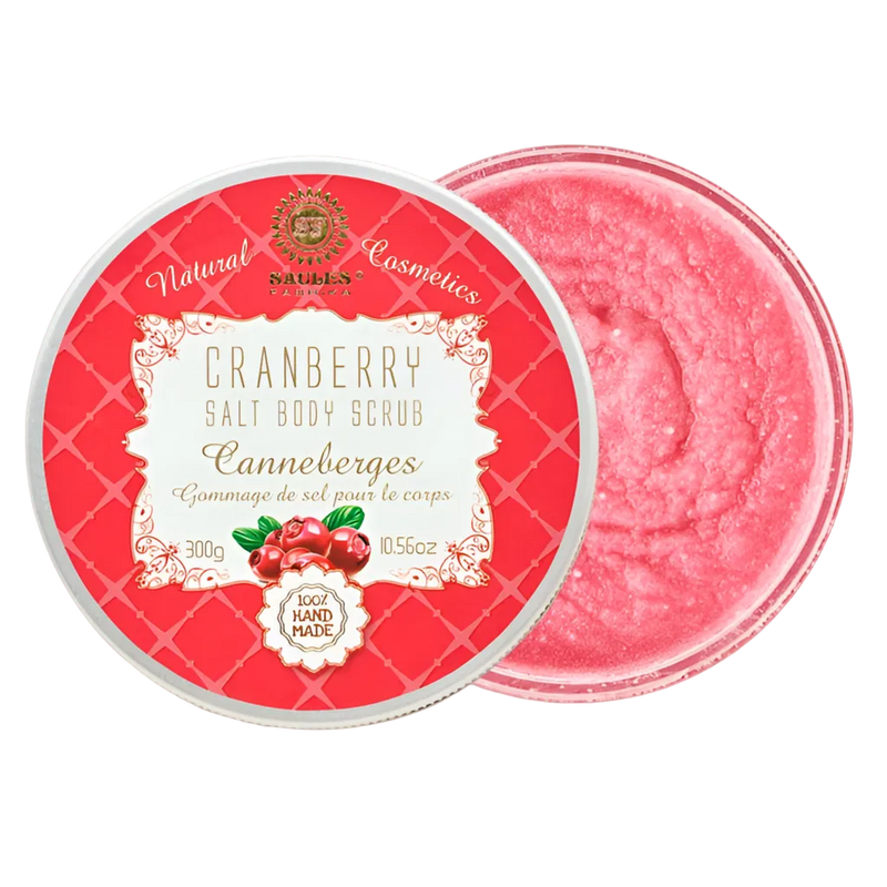 Salz-Körperpeeling Cranberry von Saules Fabrika, 300 g, geöffnete Dose mit rotem Peeling