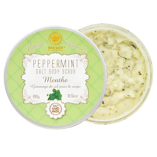Salz-Körperpeeling Pfefferminze von Saules Fabrika, 300 g, geöffnete Dose mit grünlichem Peeling