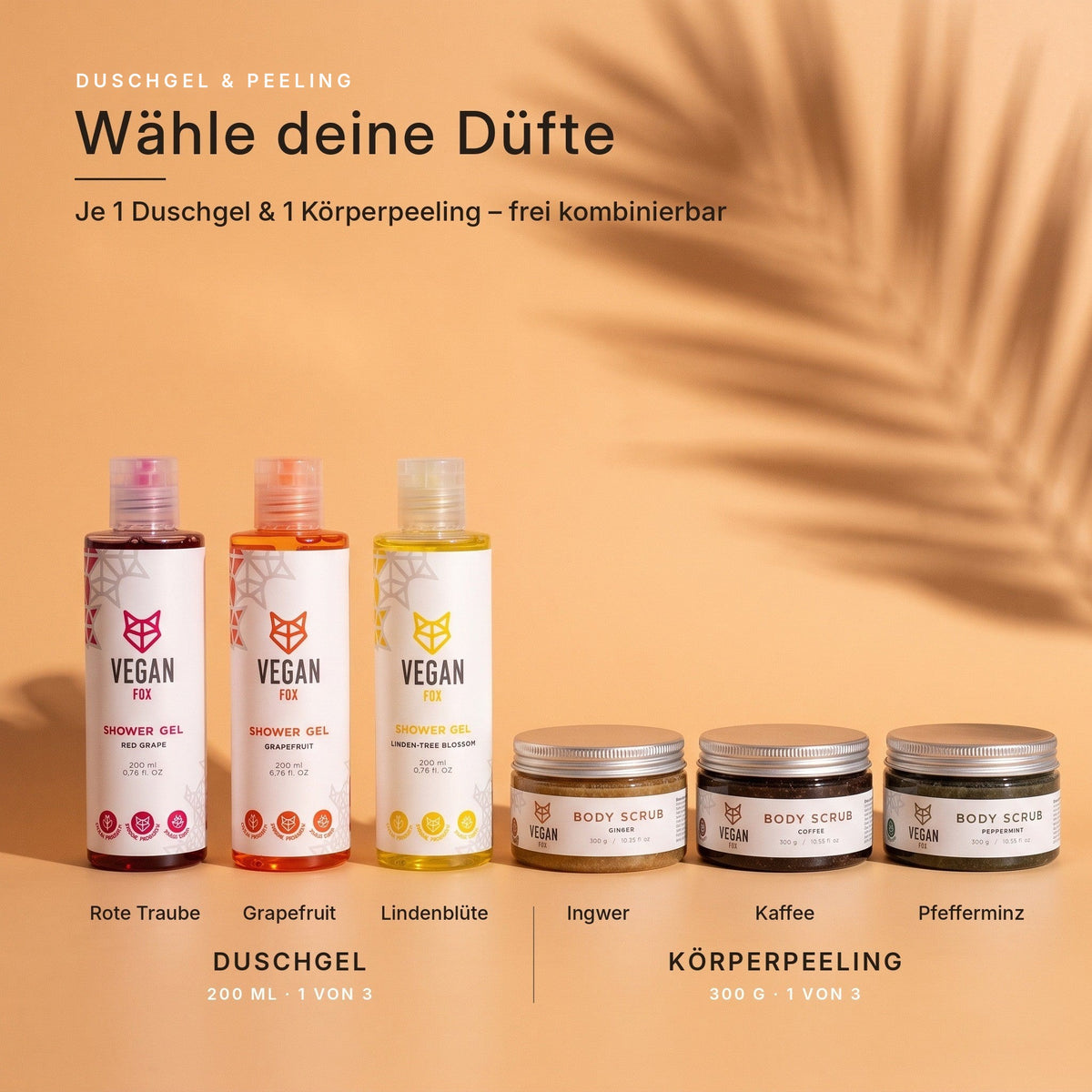 Sauna-Starter Düfte wählen: VEGAN FOX Duschgel Rote Traube, Grapefruit oder Lindenblüte und Körperpeeling Ingwer, Kaffee oder Pfefferminz – je 1 frei kombinierbar