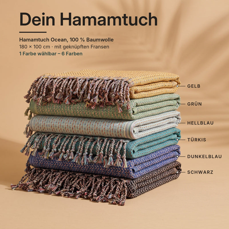 Sauna-Starter: Hamamtuch Ocean (180 × 100 cm, 100 % Baumwolle) in 6 Farben – Gelb, Grün, Hellblau, Türkis, Dunkelblau, Schwarz – 1 Farbe wählbar