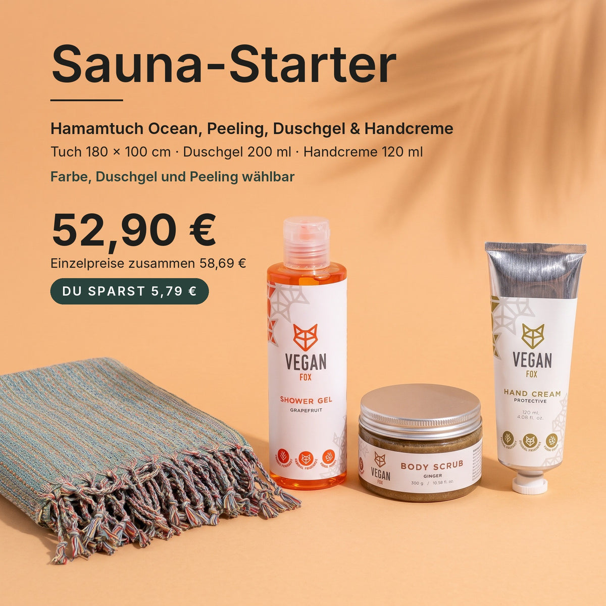 Sauna-Starter: Hamamtuch Ocean in Grün, VEGAN FOX Ingwer-Peeling, Duschgel Grapefruit und Handcreme – 52,90 €