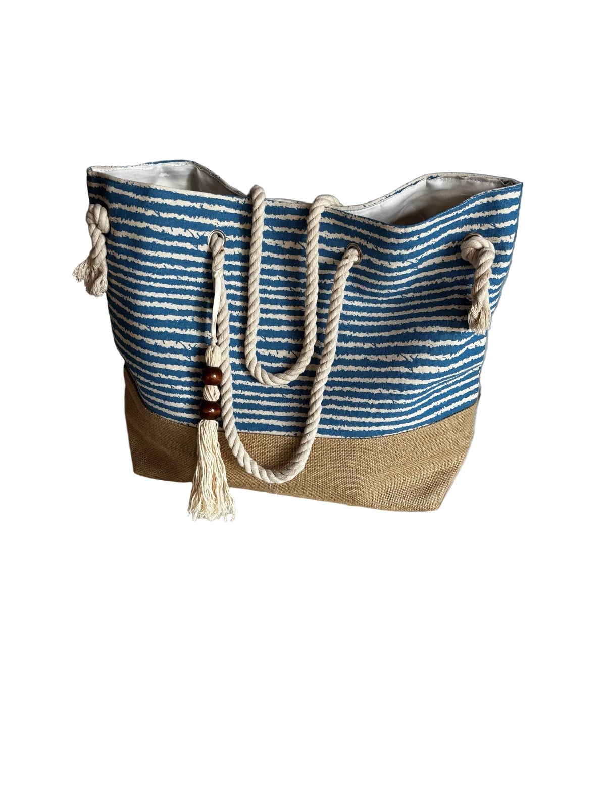 Strandtasche Marina blau-weiß gestreift mit Boden in Jute-Optik und Kordelhenkeln, Vorderseite