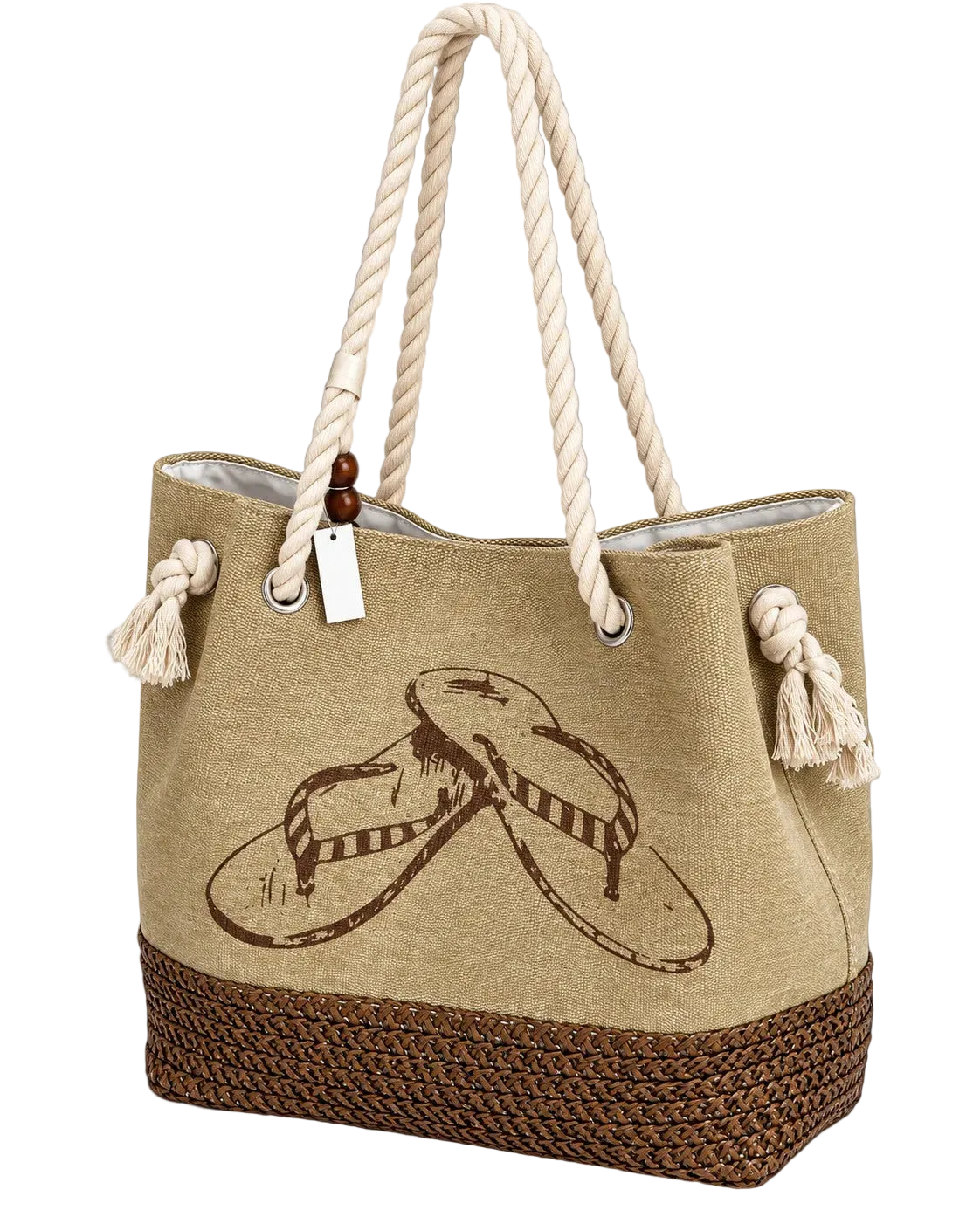 Große Strandtasche aus Canvas in Sand mit braunem Flip-Flop-Druck, Kordelhenkeln und geflochtenem Boden