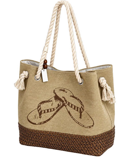 Große Strandtasche aus Canvas in Sand mit braunem Flip-Flop-Druck, Kordelhenkeln und geflochtenem Boden