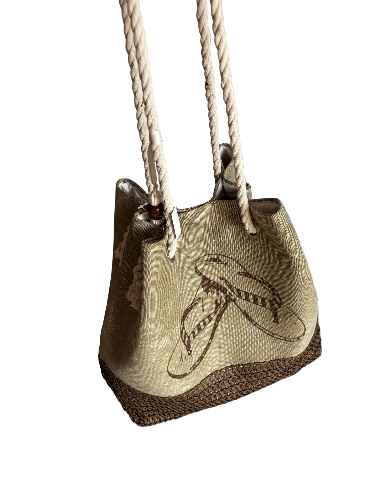 Strandtasche Flip-Flop mit geflochtenem braunem Boden und Holzperlen am Henkel
