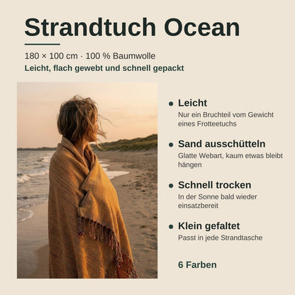 Strandtuch Ocean 180 × 100 cm: Frau am Strand im gelben Tuch, daneben 4 Vorteile und Hinweis auf 6 Farben
