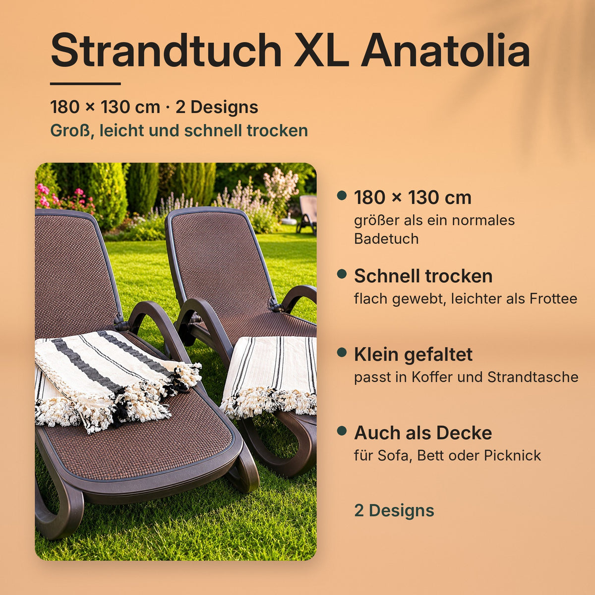 Strandtuch XL Anatolia 180 × 130 cm, cremefarben mit schwarzen Streifen und Fransen