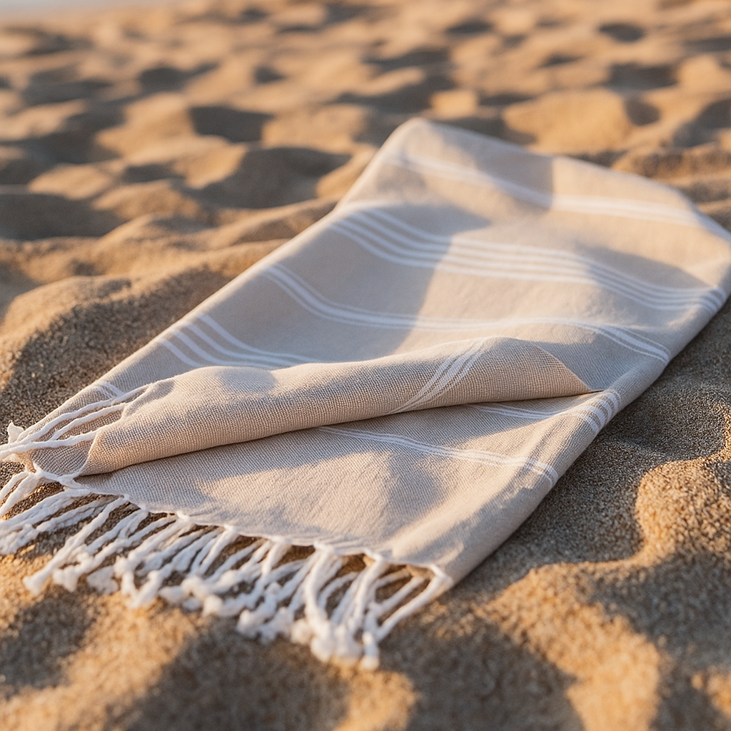 Beiges Hamamtuch von Towel To Go aus 100 % recycelter Baumwolle, weiches Strand- und Badetuch, umweltfreundlich und vielseitig.