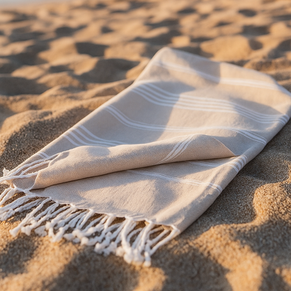 Beiges Hamamtuch von Towel To Go aus 100 % recycelter Baumwolle, weiches Strand- und Badetuch, umweltfreundlich und vielseitig.