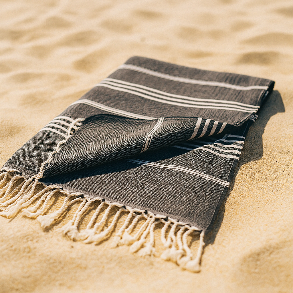 Schwarzes Towel To Go Hamamtuch aus 100 % recycelter Baumwolle, perfekt als nachhaltiges Geschenk, flauschig und vielseitig.