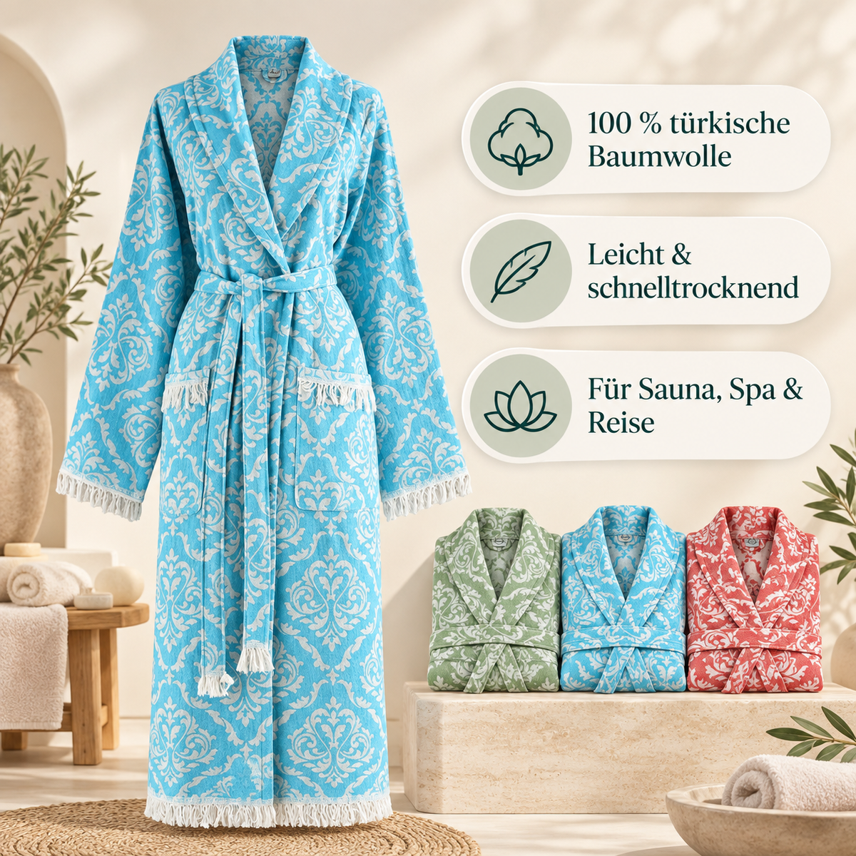 Blauer Trimita Barok Bademantel mit Hinweisen: 100 % türkische Baumwolle, leicht, für Sauna, Spa und Reise