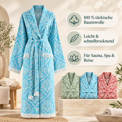 Blauer Trimita Barok Bademantel mit Hinweisen: 100 % türkische Baumwolle, leicht, für Sauna, Spa und Reise