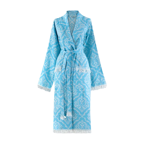 Blauer Trimita Barok Bademantel mit Barok-Muster, Bindegürtel und Fransen an Ärmeln und Saum
