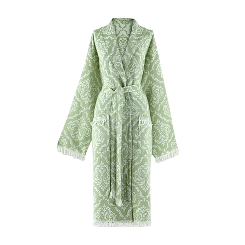 Grüner Trimita Barok Bademantel mit Barok-Muster, Bindegürtel und Fransen an Ärmeln und Saum