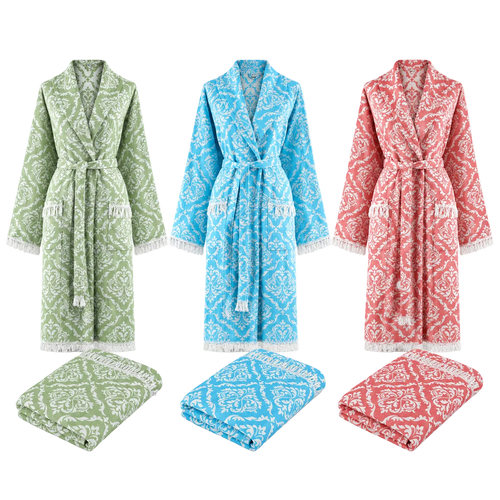 Trimita Barok Bademantel mit passendem Hamamtuch in Grün, Blau und Rot