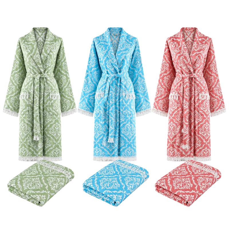 Trimita Barok Bademantel mit passendem Hamamtuch in Grün, Blau und Rot