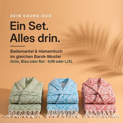 Set Bademantel & Hamamtuch: Trimita Barok Bademantel mit passendem Hamamtuch in Grün, Blau oder Rot – Einzelpreise zusammen und Ersparnis
