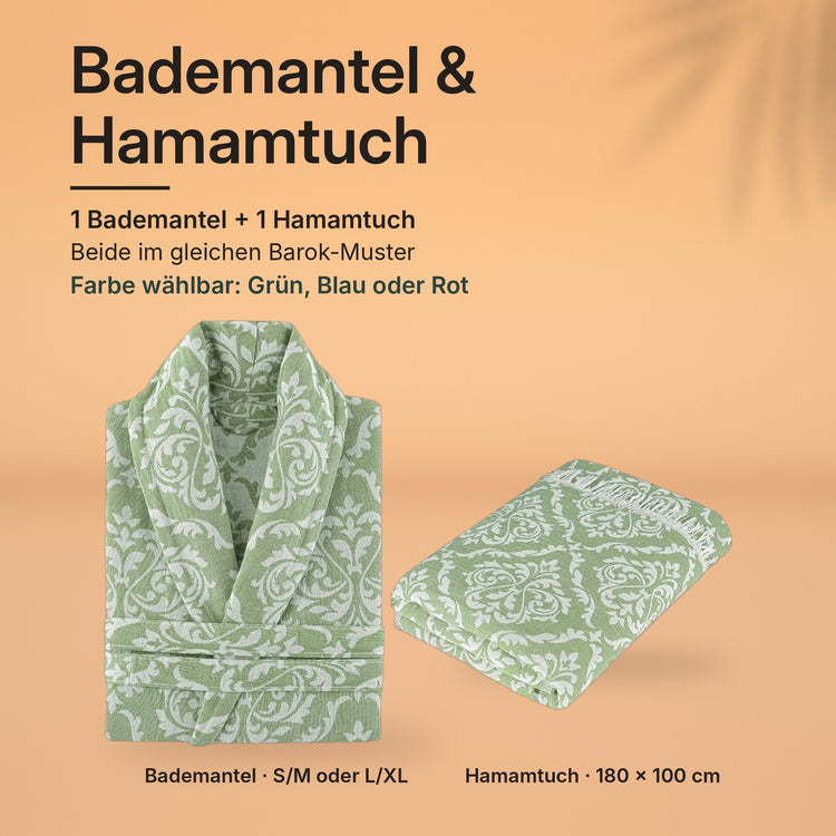 Set Bademantel & Hamamtuch: 1 Trimita Barok Bademantel (S/M oder L/XL) und 1 Hamamtuch 180 × 100 cm im gleichen Barok-Muster – Farbe wählbar: Grün, Blau oder Rot