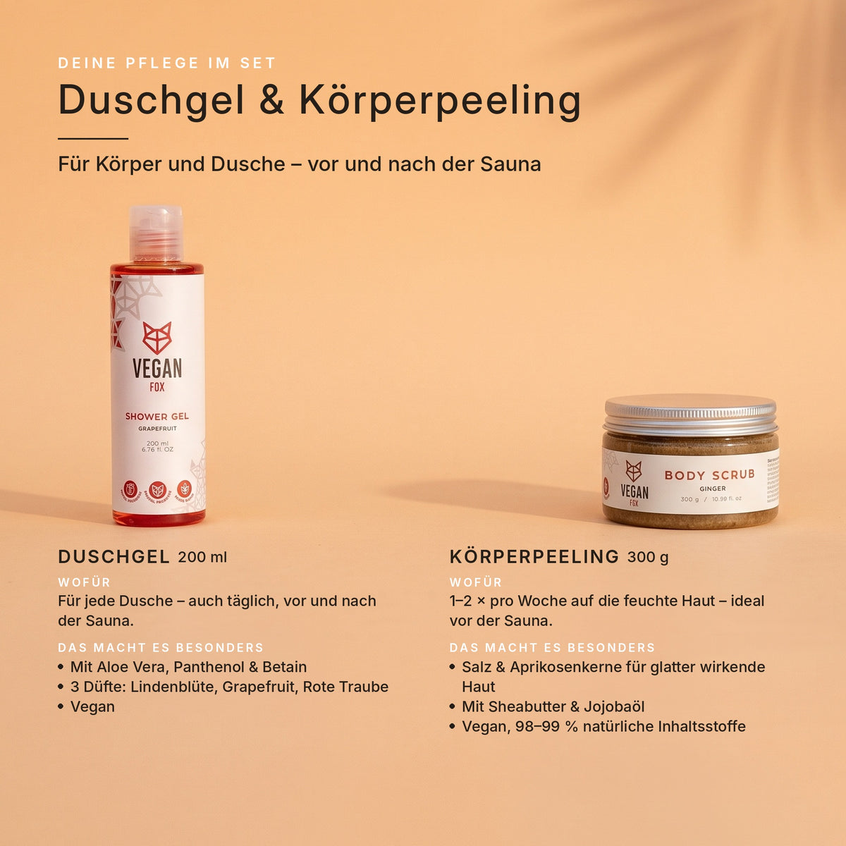 VEGAN FOX Duschgel 200 ml und Körperpeeling 300 g im Set: wofür sie gedacht sind und was sie besonders macht