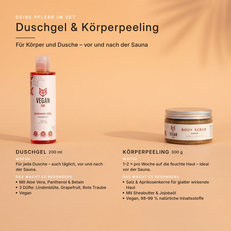 VEGAN FOX Duschgel 200 ml und Körperpeeling 300 g im Set: wofür sie gedacht sind und was sie besonders macht