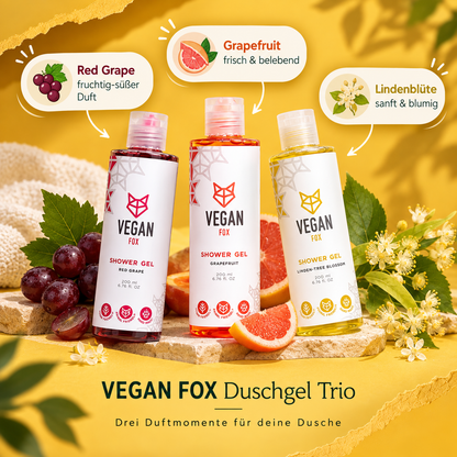 VEGAN FOX Duschgel Trio mit Früchten und Lindenblüten auf gelbem Hintergrund