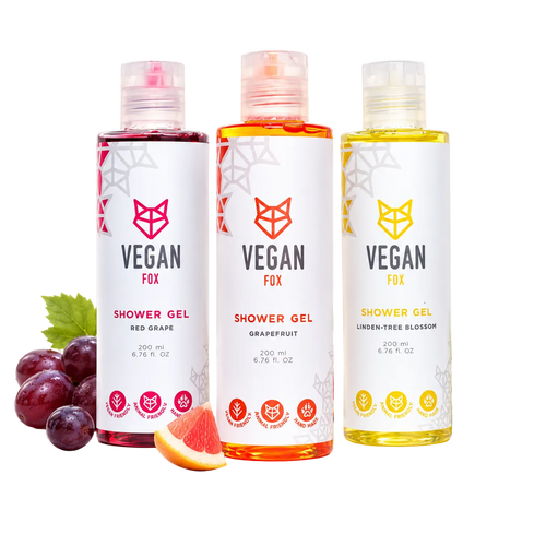 Drei VEGAN FOX Duschgele Rote Traube, Grapefruit und Lindenblüte, je 200 ml
