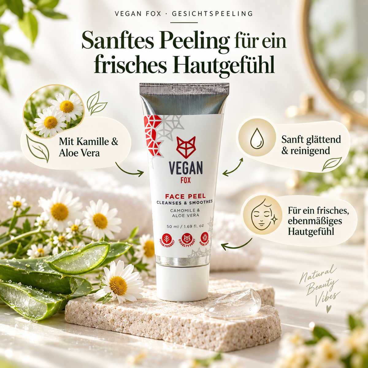 VEGAN FOX Gesichtspeeling mit Kamille und Aloe Vera, sanft glättend