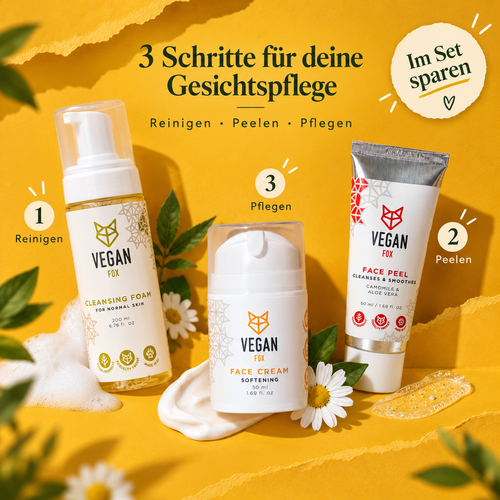 VEGAN FOX Gesichtspflege Set in 3 Schritten: Reinigungsschaum, Gesichtspeeling, Gesichtscreme
