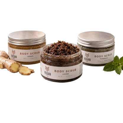VEGAN FOX Peeling-Trio: Körperpeelings Ingwer, Kaffee und Pfefferminze