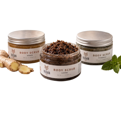 VEGAN FOX Peeling-Trio: Körperpeelings Ingwer, Kaffee und Pfefferminze