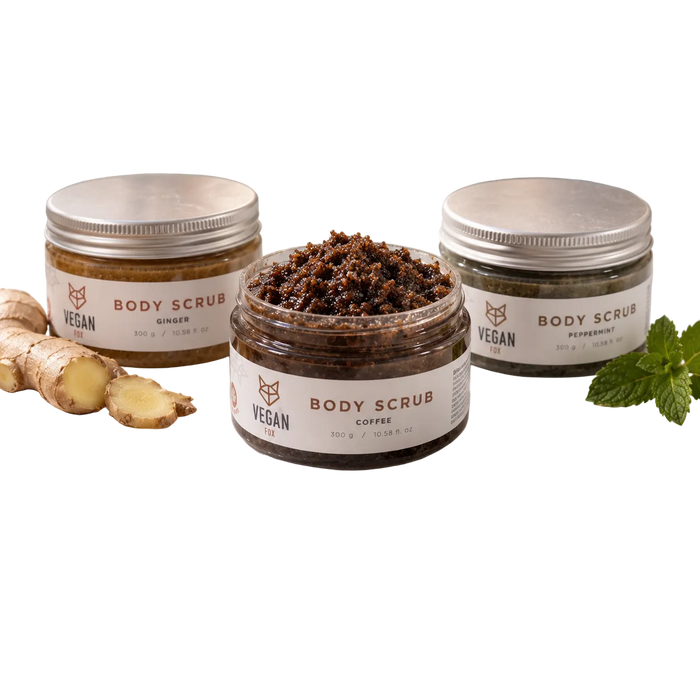 VEGAN FOX Peeling-Trio: Körperpeelings Ingwer, Kaffee und Pfefferminze