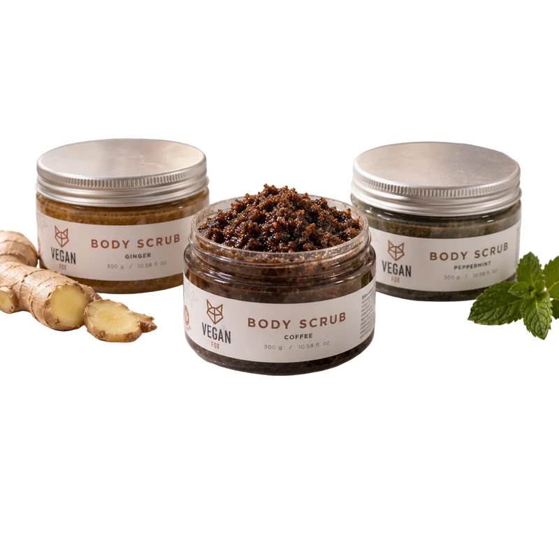 VEGAN FOX Peeling-Trio: Körperpeelings Ingwer, Kaffee und Pfefferminze