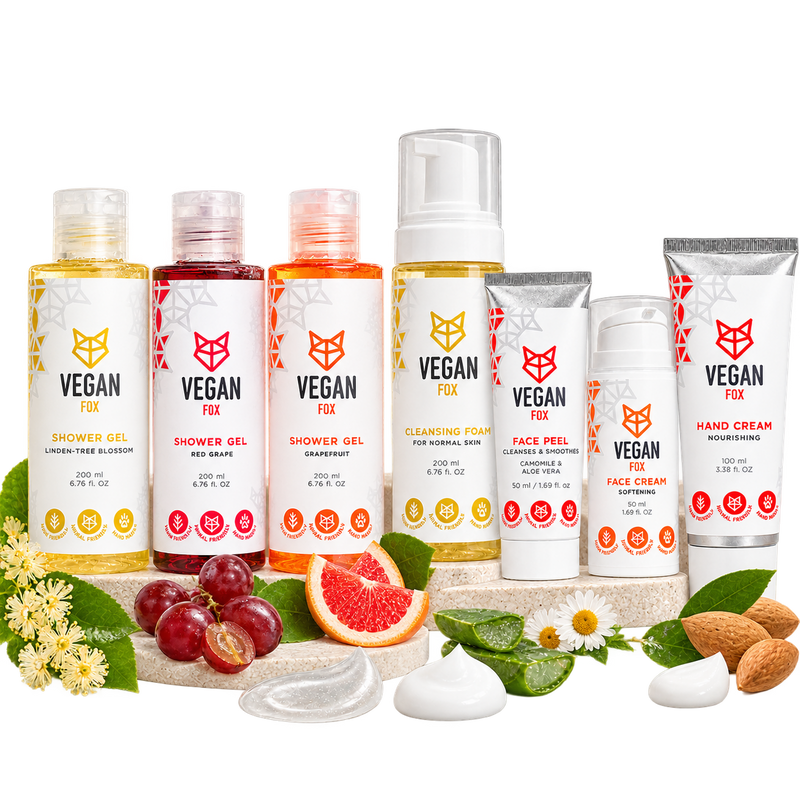 VEGAN FOX Pflegeprodukte: Duschgele, Reinigungsschaum, Gesichtspeeling, Gesichtscreme und Handcreme