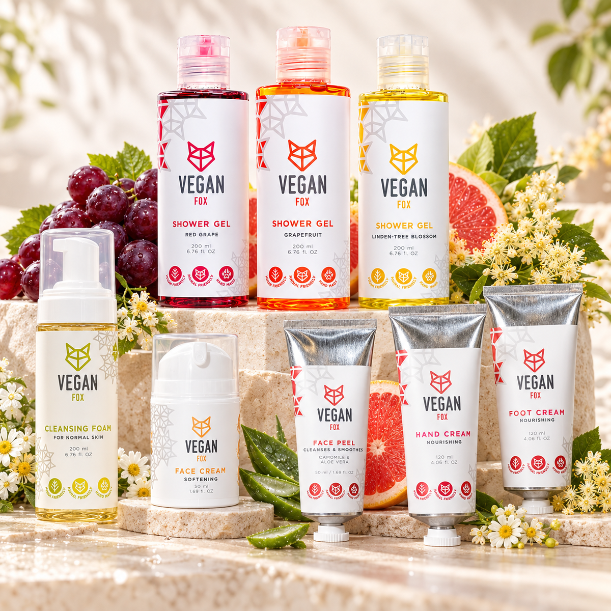 VEGAN FOX Pflegeset von Kopf bis Fuß: drei Duschgele Rote Traube, Grapefruit und Lindenblüte, Reinigungsschaum, Gesichtscreme, Gesichtspeeling, Handcreme und Fußcreme