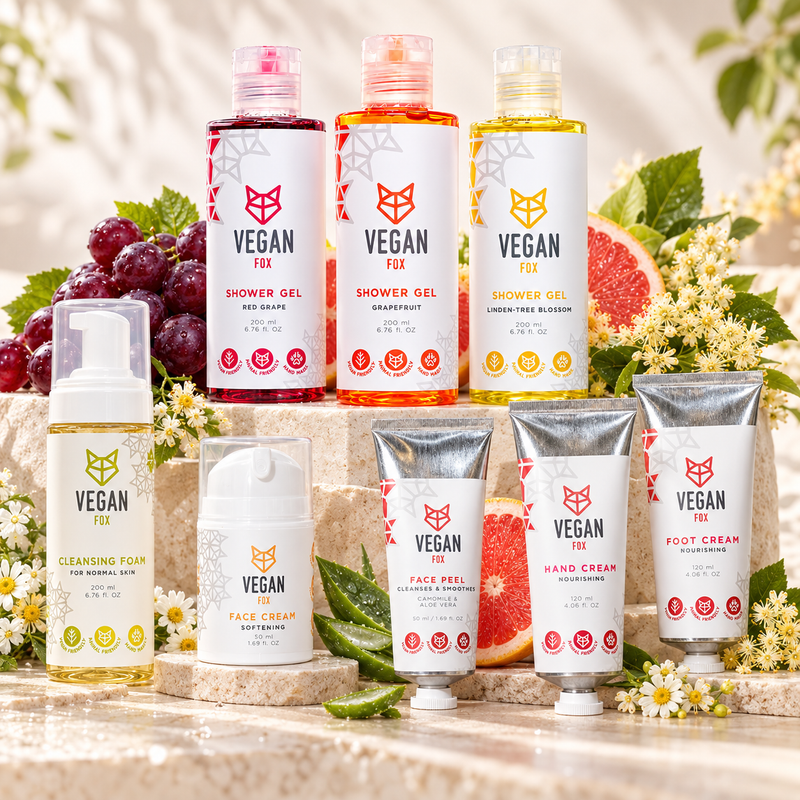 VEGAN FOX Pflegeset von Kopf bis Fuß: drei Duschgele Rote Traube, Grapefruit und Lindenblüte, Reinigungsschaum, Gesichtscreme, Gesichtspeeling, Handcreme und Fußcreme